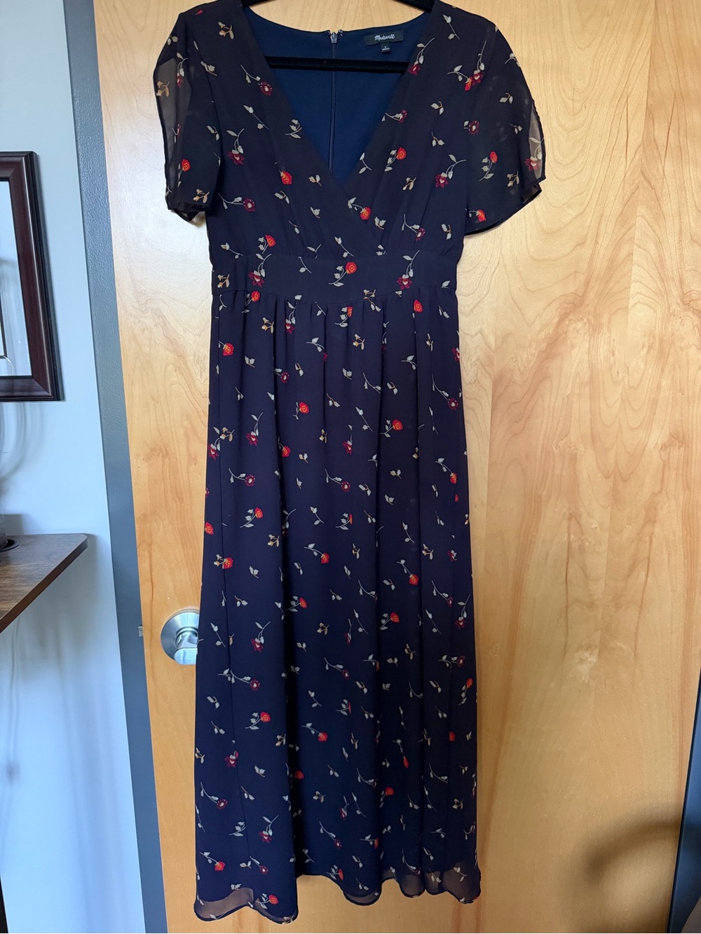 Madewell Navy Floral Dress with Red Accent Blossoms